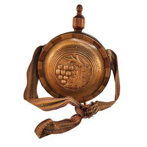 Handcrafted Wooden Water Canteen Decanter Flask Brass Feet Folk Art Barware Deco
